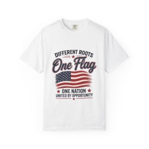 One Flag Patriotic T-Shirt — "Different Roots One Flag" American Unity Tee